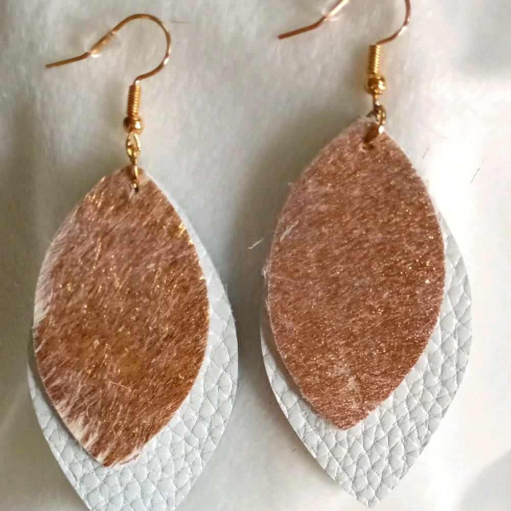 Gold Cowhide and White Layered Marquise Earring.